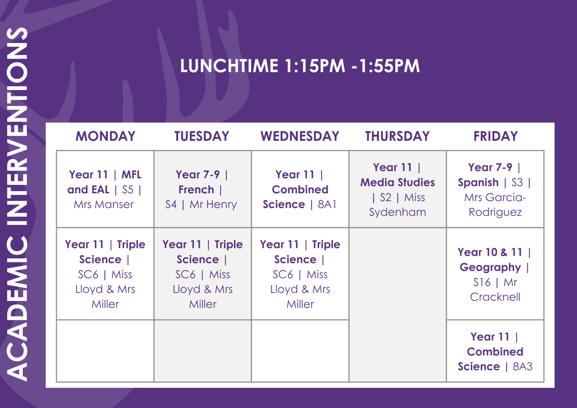 Lunchtime timetable