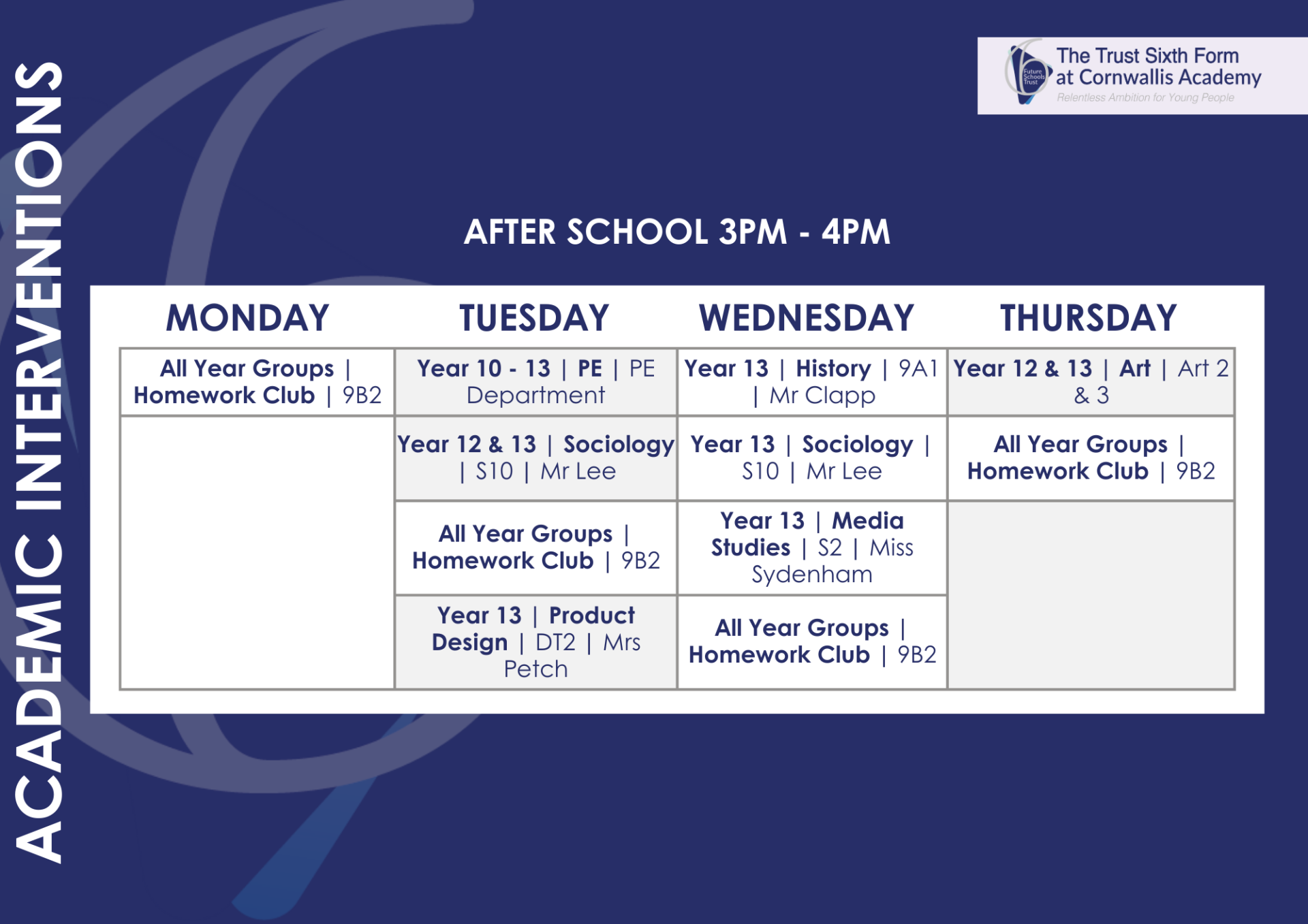 Trust Sixth Form timetable